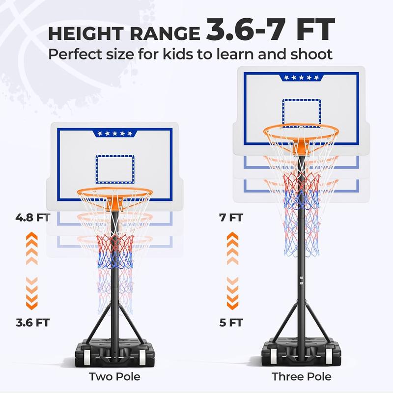 Basketball Hoop, 3.6-7 FT Height Easy Adjustable, Portable Basketball Hoop Outdoor Indoor for Kids Teens Youth, 30