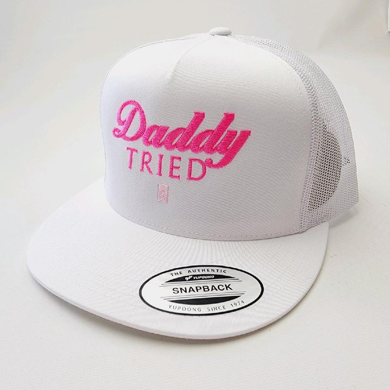 Daddy Tried Mesh Snapback Embroidered Flat Bill Trucker Hat White