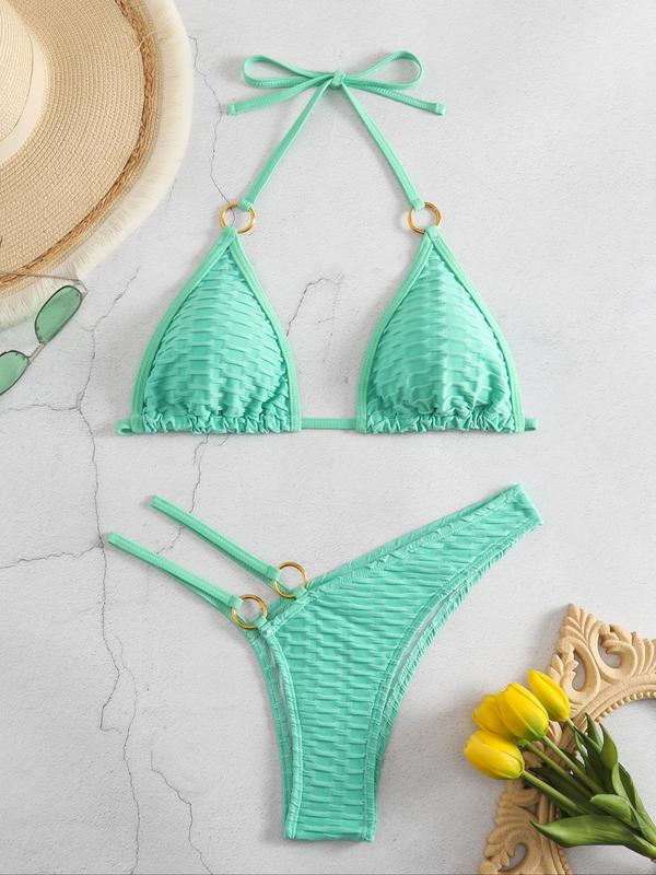 Two-Piece Set Women's Plain Halter Triangle Swimsuit Top & Cut Out Ring Linked Swim Bottom Set, Summer Beach Holiday Swimwear, Women's Swimsuit