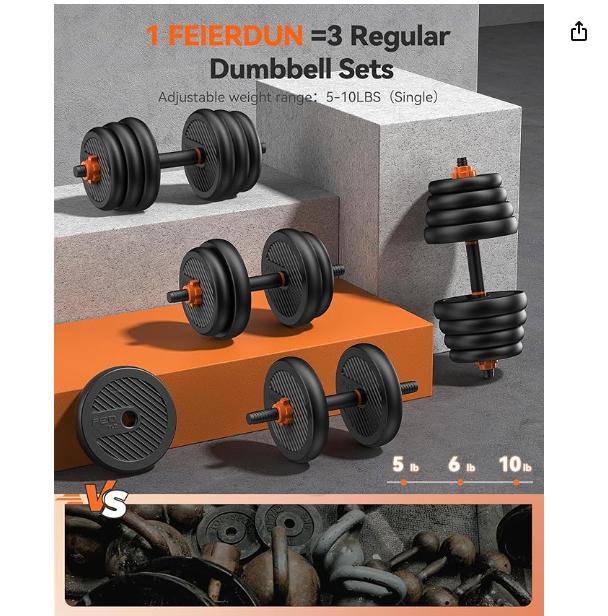 FEIERDUN Adjustable Dumbbells, 20 30 40 50 60 70 90lbs Free Weight Set with Connector, 4 in1 Dumbbells Set Used as Barbell, Kettlebells, Push up Stand, Fitness Exercises for Home Gym Suitable Men Women