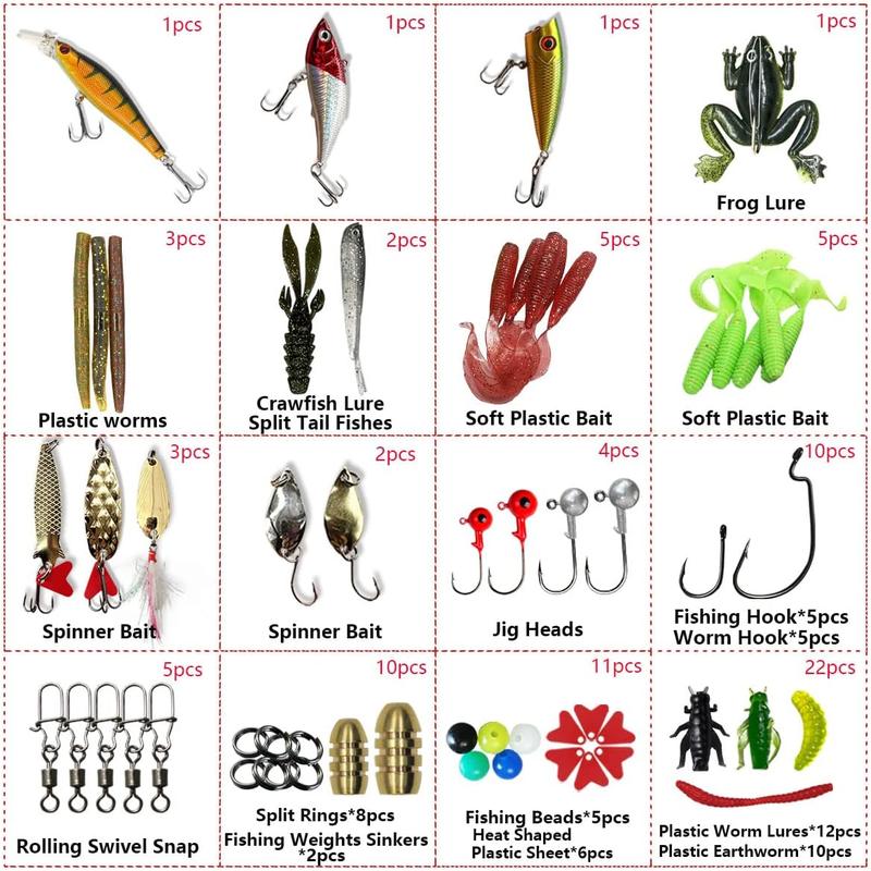 Fishing Lures Kit Set, Baits Tackle Including Crankbaits, Topwater Lures, Spinnerbaits, Worms, Jigs, Hooks, Tackle Box and More Fishing Gear Lures