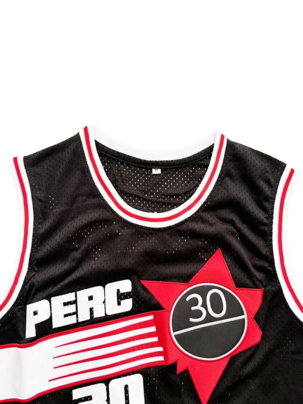 Men's Letter & Number 30 Embroidery Contrast Binding Sport Basketball Jersey, Regular Fit Sporty Sleeveless Round Neck Basketball Vest, Summer Sportswear for Men