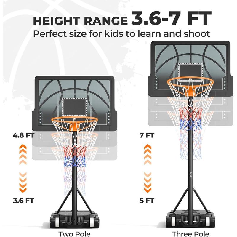 Basketball Hoop, 3.6-7 FT Height Easy Adjustable, Portable Basketball Hoop Outdoor Indoor for Kids Teens Youth, 30