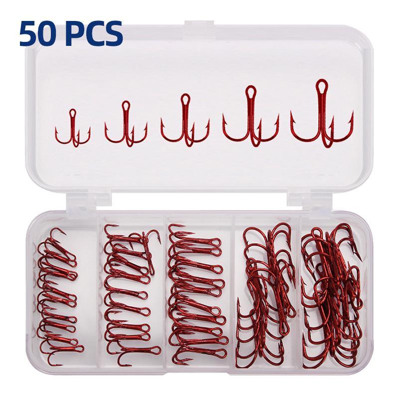 Fishing Treble Hooks, 50pcs Multi-size Carbon Steel Fishing Hook with Storage Box, Artificial Bait for Outdoor Fishing, Flyfishing, Solocamping, picnicaesthetic