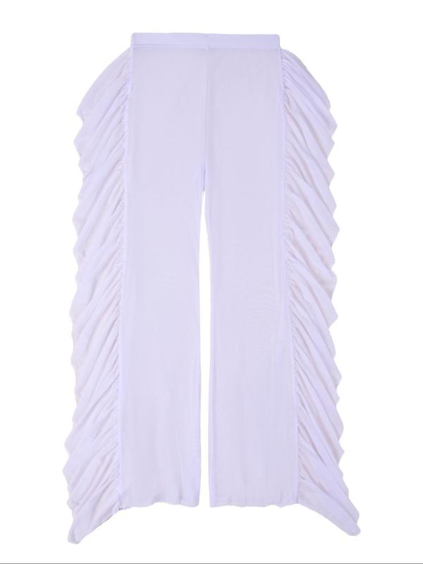 Women's Solid Sheer Ruffle Trim High Waist Cover Up Pants, Casual Comfy High Stretch Cover Up Pants for Beach Holiday Vacation,  Bathing Suit Cover Up, Ladies Summer Clothes