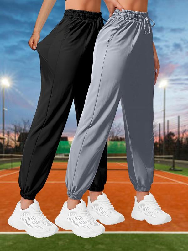 Women's Solid Pocket Drawstring Waist Sports Pants, Casual Elastic High Waist Jogger Pants for Outdoor Tennis, Ladies Sportswear for All Seasons