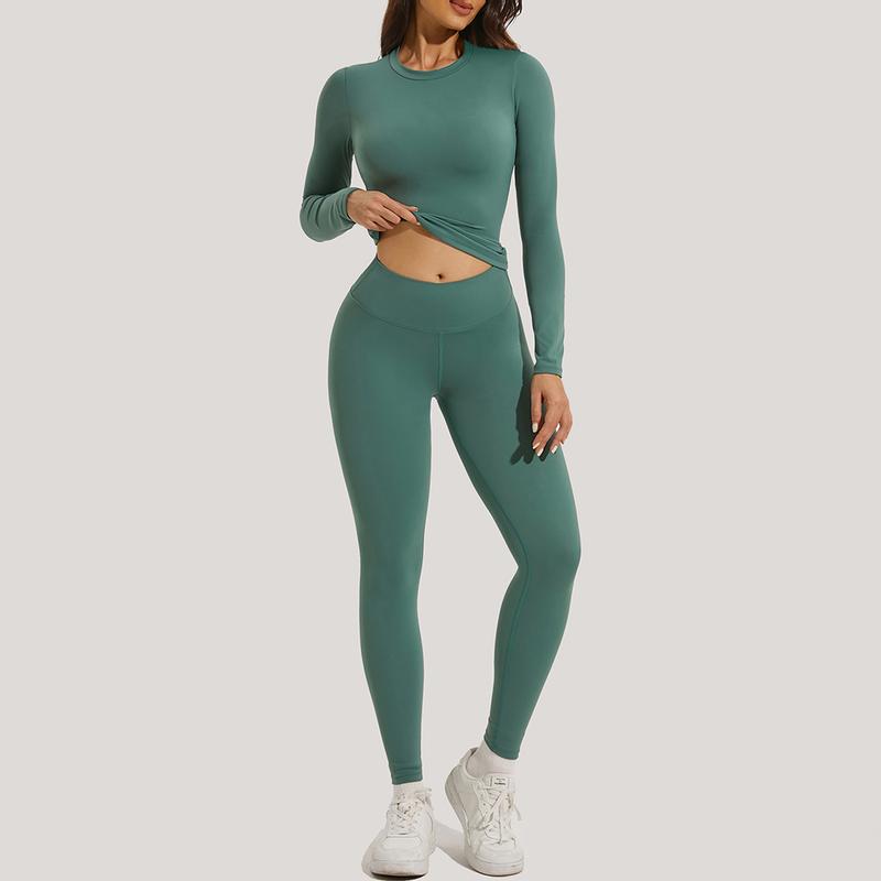 Women's Slimming Yoga Set with Long Sleeve Crew Neck Top and High Waisted Leggings for Gym Exercise - Medium Stretch Nylon and Elastane Fabric