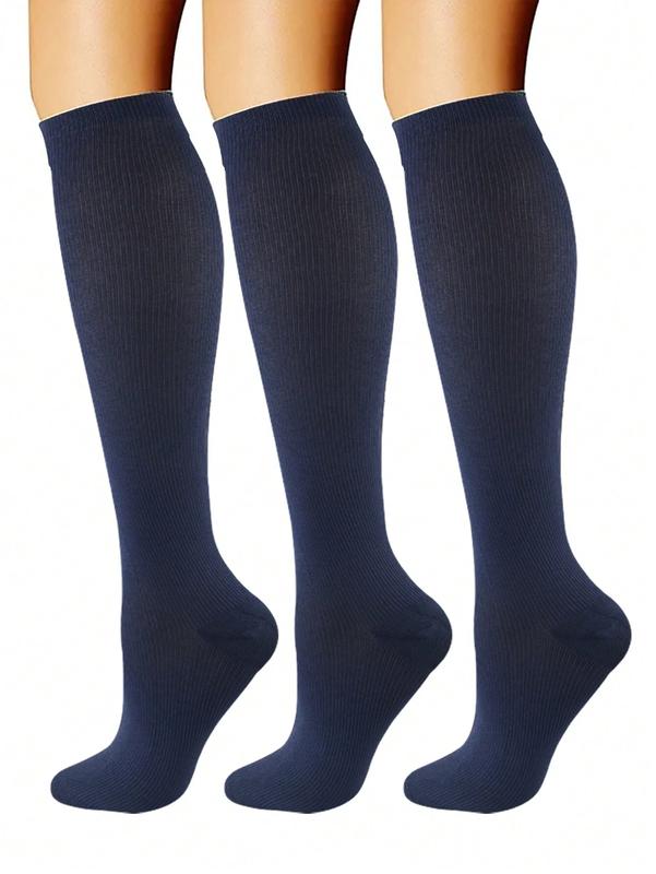 3 Pairs Women's Navy Blue Compression Socks Set Including Long Sports Socks, Knee High Socks, Suitable For Running, Cycling