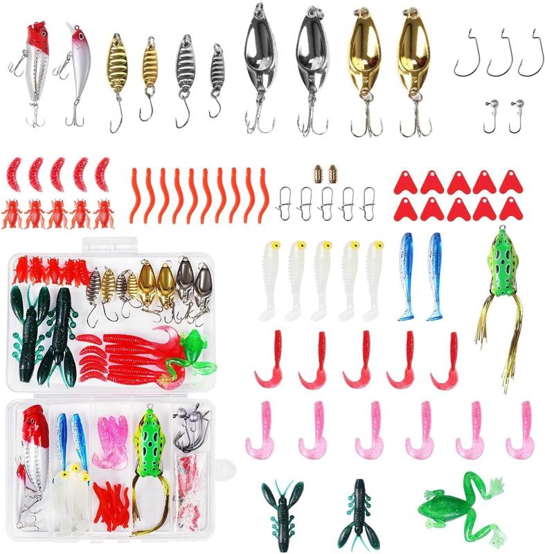 Fishing Lures Kit Set with Spoon Lures, Soft Plastic Worms, Frog Lures, and Spinnerbait for Bass