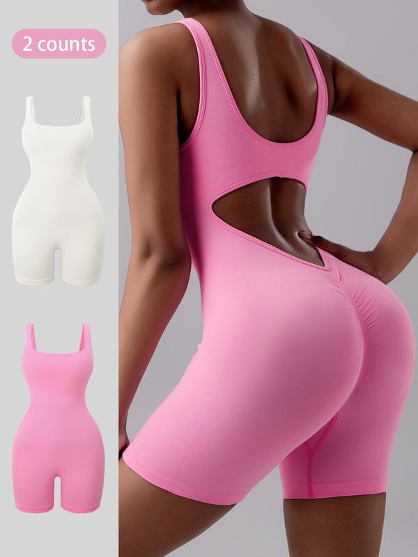 Women's Solid Cut Out Sports Tank Romper, Sporty Square Neck Backless Skinny Romper for Yoga Gym Workout Running, Rompers for Women, Ladies Sportswear for All Seasons, Fall Outfits, Earthtone Fallfreshness