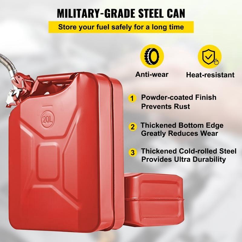 Fuel Can, 5.3 Gallon   20 L Portable Jerry Gas Can with Flexible Spout System, Rustproof ＆ Heat-resistant Steel Fuel Tank for Cars Trucks Equipment, Red， Authentic NATO Jerry Can and Spout System