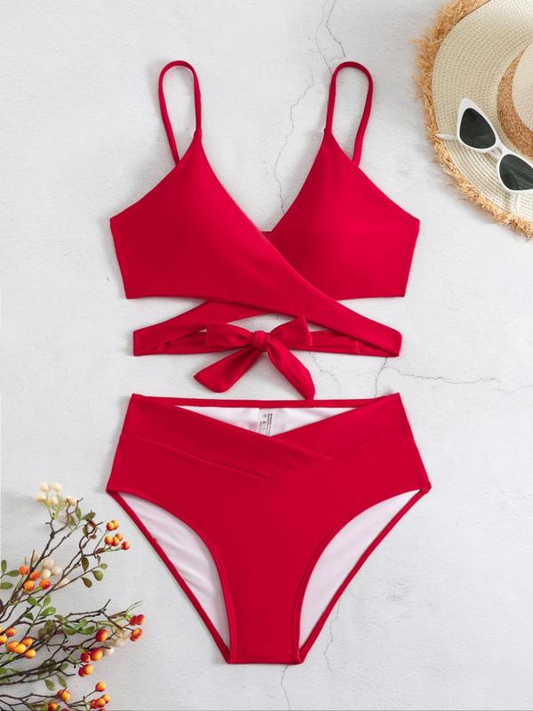 Women's Criss Cross Wrap Bikini Set, Casual Tie Back Triangle Swim Top & High Waist Swim Bottom, Bathing Suits Women, Ladies Summer Swimsuit for Beach Holiday Vacation