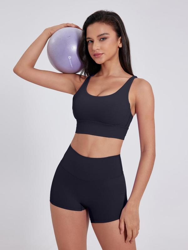 Two-Piece Set Women's Solid Scoop Neck Crop Tank Top & High Waist Shorts Tracksuit Set, Sporty Breathable Comfortable Two-piece Outfits for Yoga Gym Workout Running, Ladies Sportswear for All Seasons