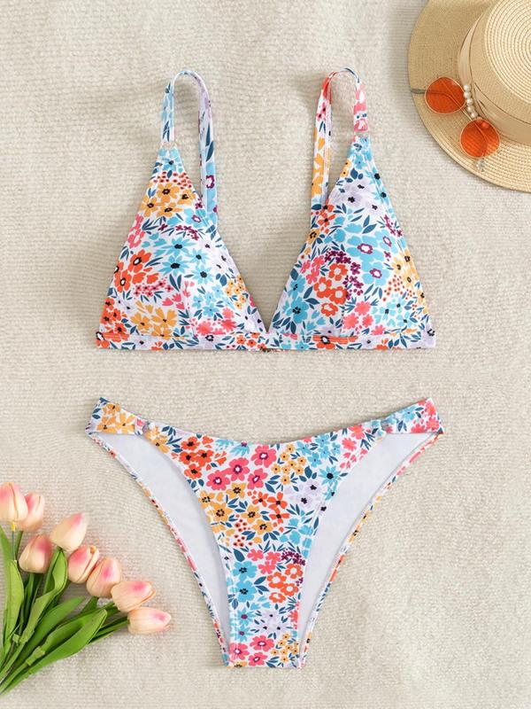 Two-piece Set Women's Floral Print Bikini Set, Casual Fashion Chic Triangle Swim Bra & High Cut Swim Bottom Swimsuit Set, Ladies Summer Swimwear for Beach Holiday Vacation