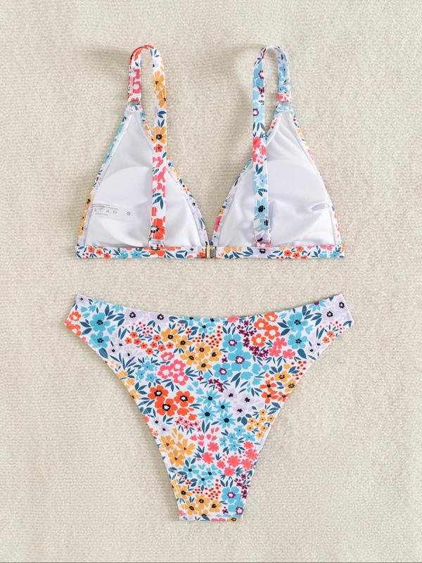 Two-piece Set Women's Floral Print Bikini Set, Casual Fashion Chic Triangle Swim Bra & High Cut Swim Bottom Swimsuit Set, Ladies Summer Swimwear for Beach Holiday Vacation