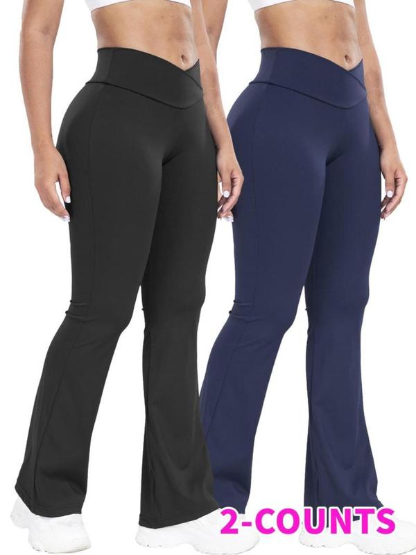 Women's Solid High Waist Flare Leg Sports Leggings, Breathable Comfortable Overlap Waist Yoga Leggings, Ladies Sportswear for Indoor Outdoor Wear