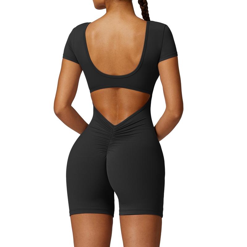 OEAK Short Sleeve Jumpsuit Workout for Women Sexy V Back Scrunch Tummy Control Square Neck Bodycon Scrunch Butt Yoga Romper