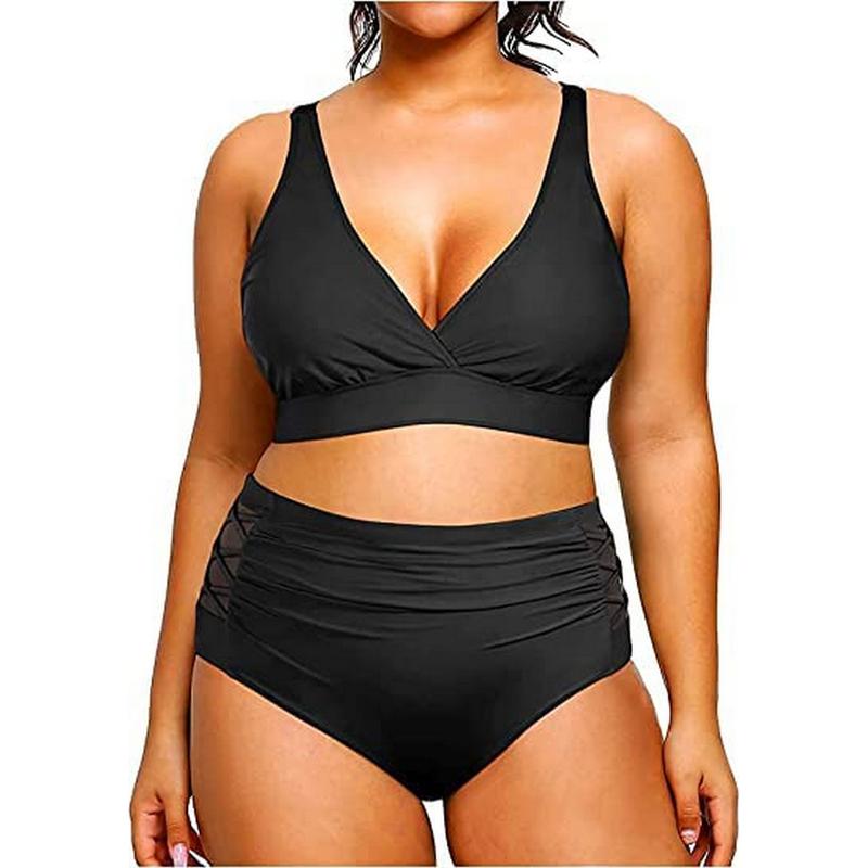 Yonique Women's Two Piece Plus Size Bikini Set, V Neck Top & Full Coverage High Waisted Bikini Bottom, Tummy Control Swimwear for Beach Swimming Holiday Vacation