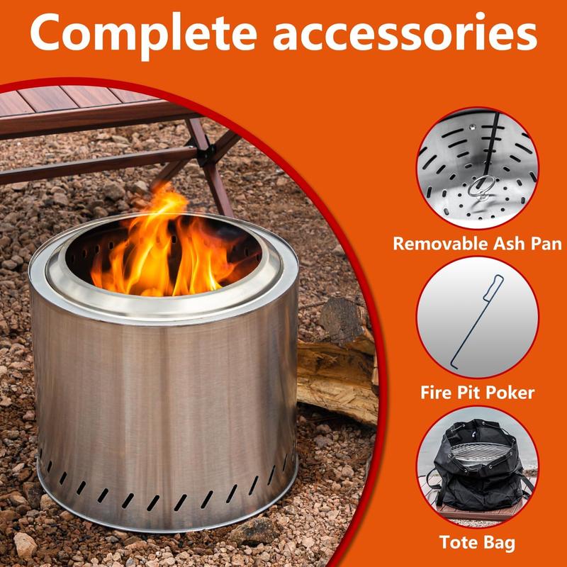 15 inch Stainless Steel Smokeless Fire Pit with Carry Bag, Portable Outdoor Smokeless Firepit, Wood Burning Fire Pits for Camping, Bonfire, Low Smoke Firepit for Outside(15 inch)