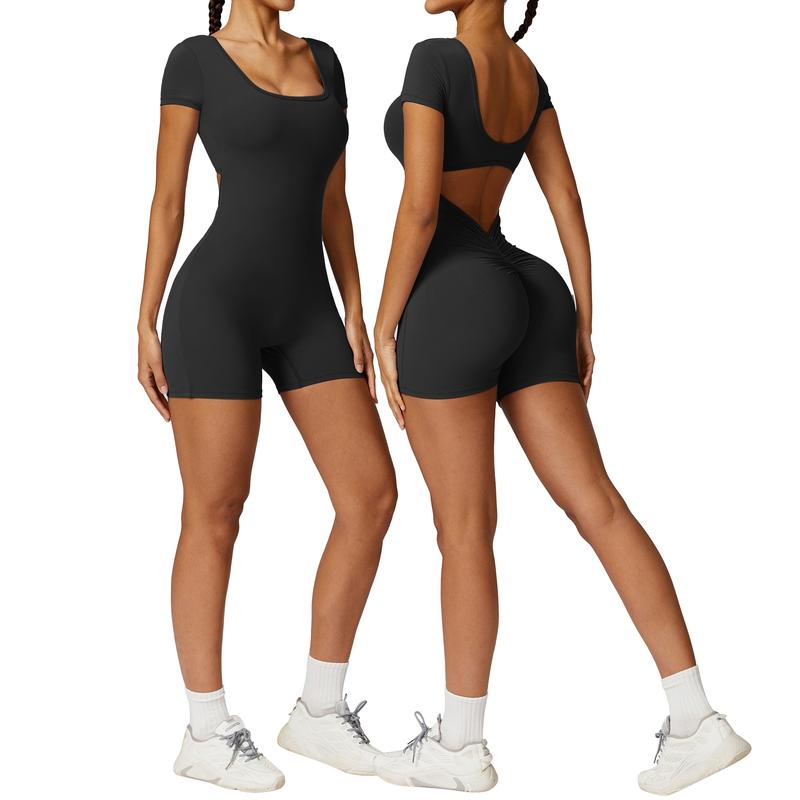 OEAK Short Sleeve Jumpsuit Workout for Women Sexy V Back Scrunch Tummy Control Square Neck Bodycon Scrunch Butt Yoga Romper