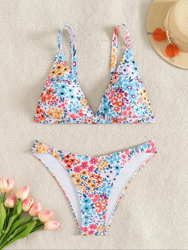 Two-piece Set Women's Floral Print Bikini Set, Casual Fashion Chic Triangle Swim Bra & High Cut Swim Bottom Swimsuit Set, Ladies Summer Swimwear for Beach Holiday Vacation