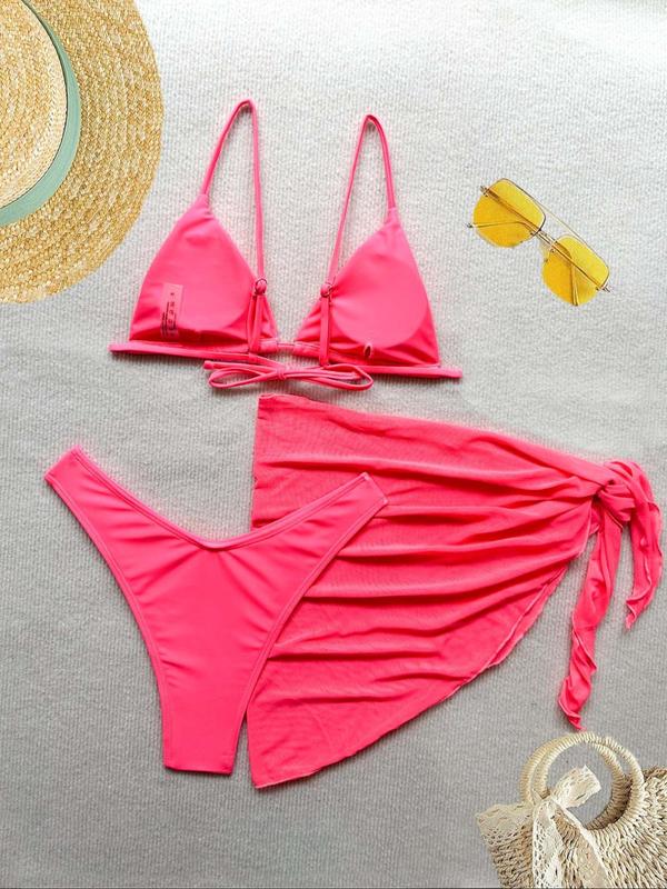 Three-Piece Set Women's Solid Bikini Set, Tie Back Triangle Swim Bra & High Cut Swim Bottom & Self-Tie Mesh Cover Up Set, Ladies Summer Swimsuit for Beach Holiday Vacation