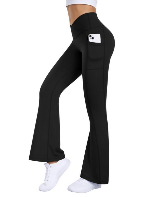 Women's Solid Wrap High Waist Flare Leg Sports Leggings, Casual Comfy Pocket Pants for Yoga Gym Workout, Ladies Sportswear for All Seasons, Tummy Control