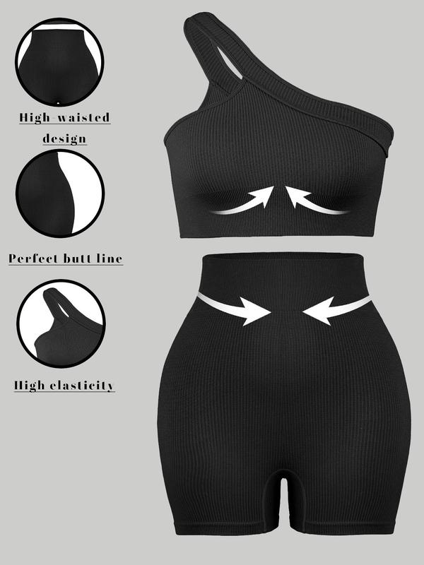 2 Piece Set Women's Plain One Shoulder Crop Tank Top & Skinny Shorts Tracksuit Set, Back To School Outfits, Sporty Crop Vest & Short Leggings for Gym Yoga, Two Piece Sets Tracksuits, Tracksuits for Women, Women Sport & Outdoor Clothing for Summer