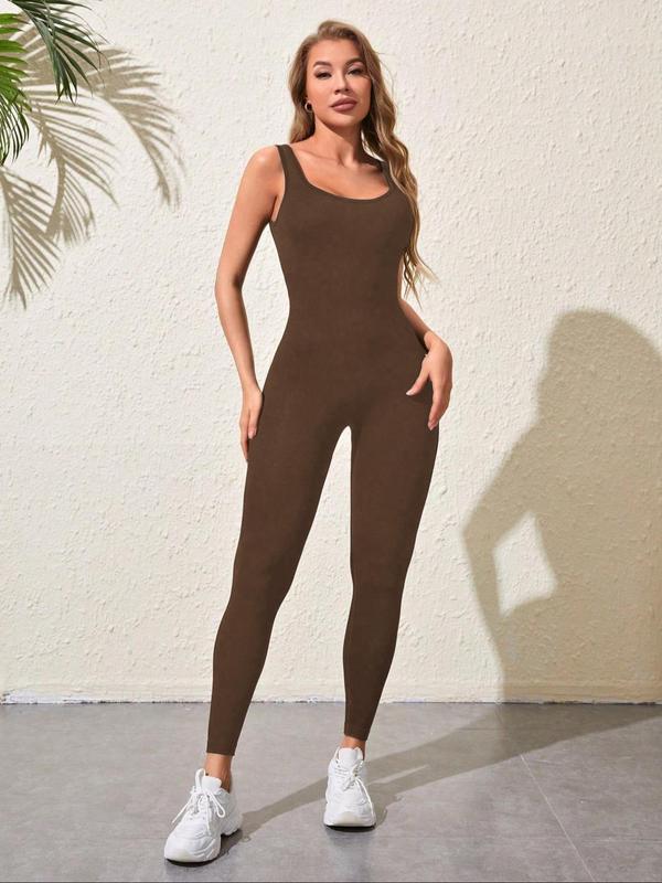 Women's Solid Cut Out Backless Sports Tummy Control Jumpsuit, Sporty Sleeveless Square Neck Jumpsuit for Yoga Gym Workout, Ladies Sportswear for All Seasons