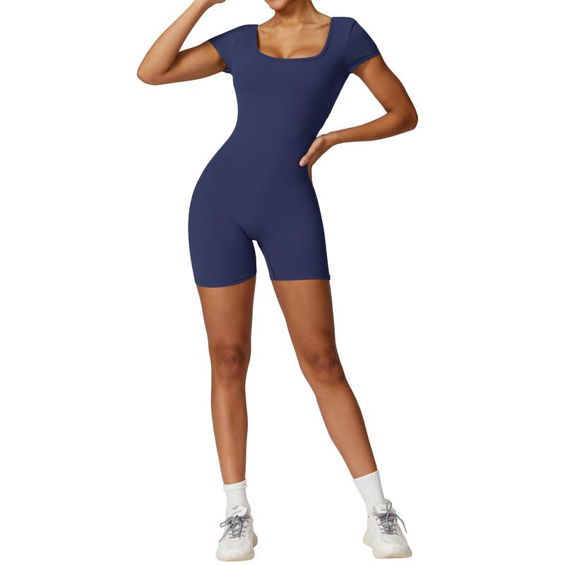 OEAK Short Sleeve Jumpsuit Workout for Women Sexy V Back Scrunch Tummy Control Square Neck Bodycon Scrunch Butt Yoga Romper