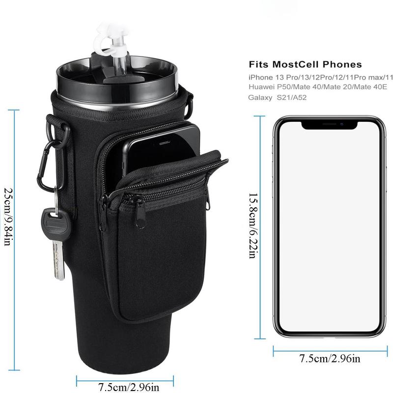 Water Bottle Carrier Bag for Hiking Camping, Tumbler Cups Holder with Adjustable Shoulder Strap, Outdoor Water Bottle Carrier with Phone & Car Pouch