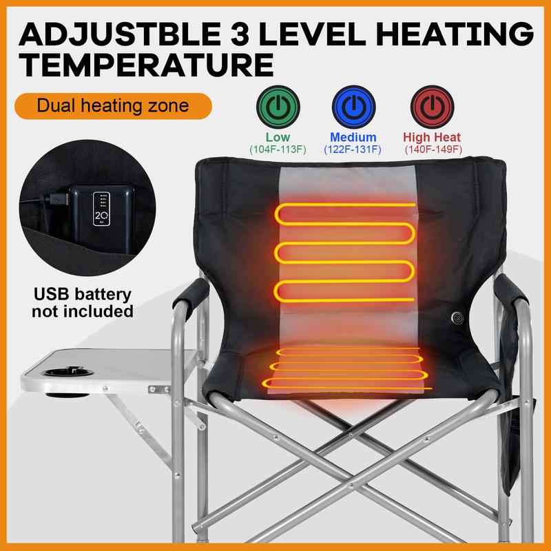 Slsy Heated Camping Directors Chair,Oversized Outdoor Portable Heating Folding Chair with Side Table, Pocket for Beach, Fishing,Trip,Picnic,Lawn portable folding