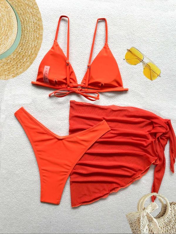 Three-Piece Set Women's Solid Bikini Set, Tie Back Triangle Swim Bra & High Cut Swim Bottom & Self-Tie Mesh Cover Up Set, Ladies Summer Swimsuit for Beach Holiday Vacation