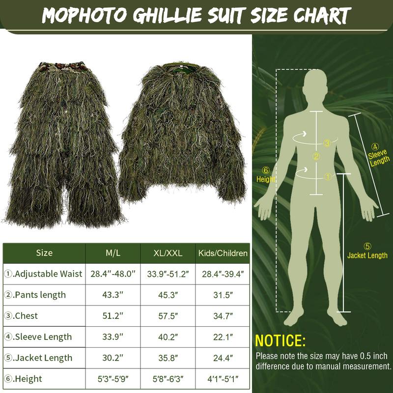 Naudacaa Ghillie Suit, 3D Camouflage Hunting Apparel Including Jacket, Pants, Hood, Carry Bag, Ghillie Suit for Men Adult Youth