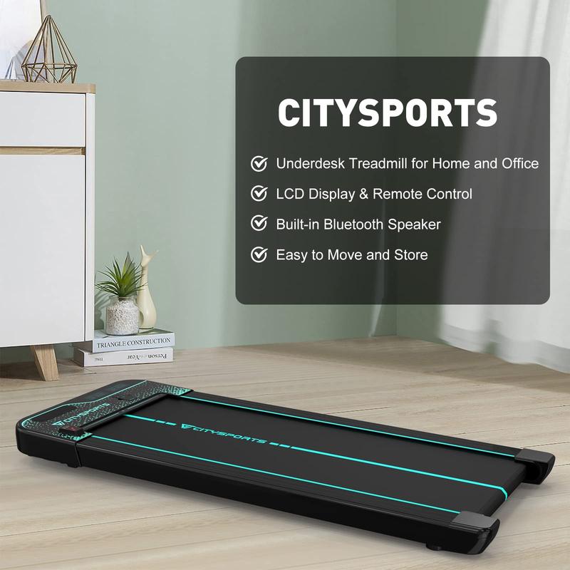 CITYSPORTS Treadmills for Home, Under Desk Treadmill Walking Pad with Audio Speakers, Slim & Portable Remote Dual LED Display, Office Home (Black and Green)