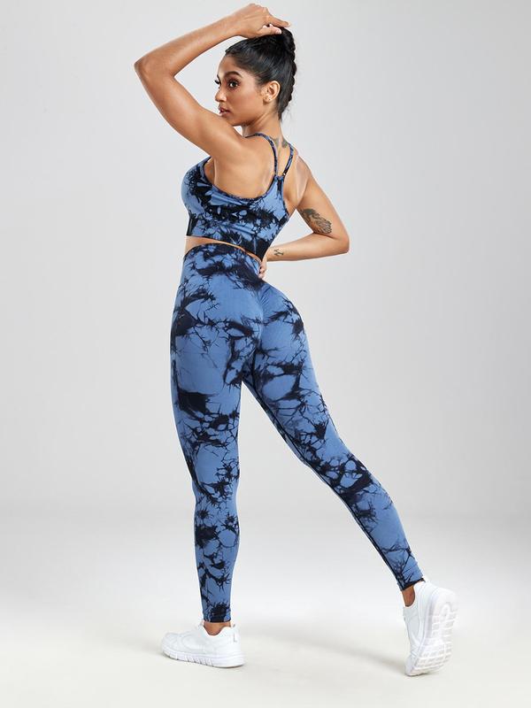 Two-Piece Set Three-Piece Set Women's Tie Dye Print Crop Cami Top & High Waist Leggings Tracksuit Set, Sleeveless Spaghetti Strap Crop Top & High Stretch Yoga Leggings, Ladies Sportswear for Indoor Outdoor Wear