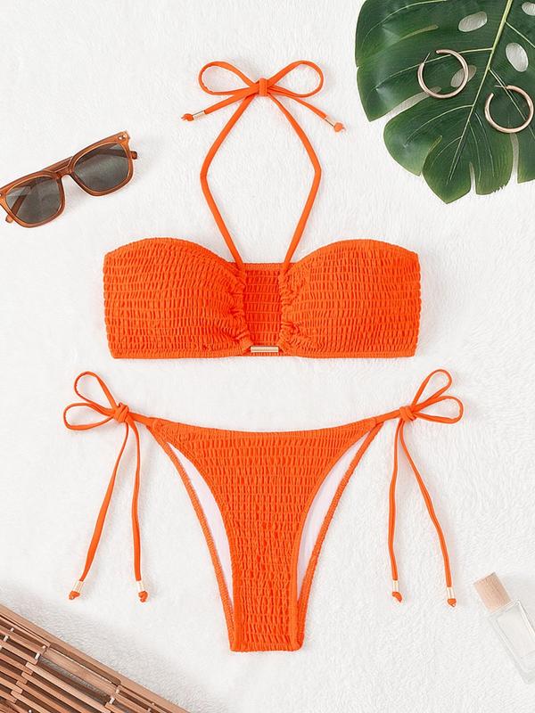 Women's Solid Shirred Bikini Set, Halter Neck Tie Back Swim Top & Tie Side Swim Bottom, Swimsuit for Summer Beach Holiday Vacation