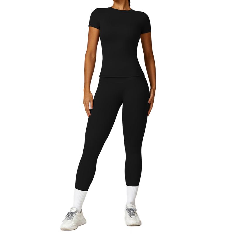 Women's Yoga Set Gym Exercise Clothing Fitness Slim Fit Short Sleeved Top Clothing Outdoor Running And Cycling High Waisted Leggings Set