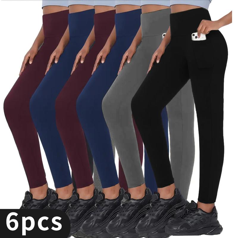 6 Pcs High-Waisted Slimming Yoga Pants with Pockets, Tummy Control, High Elasticity Solid Color Leggings for Women