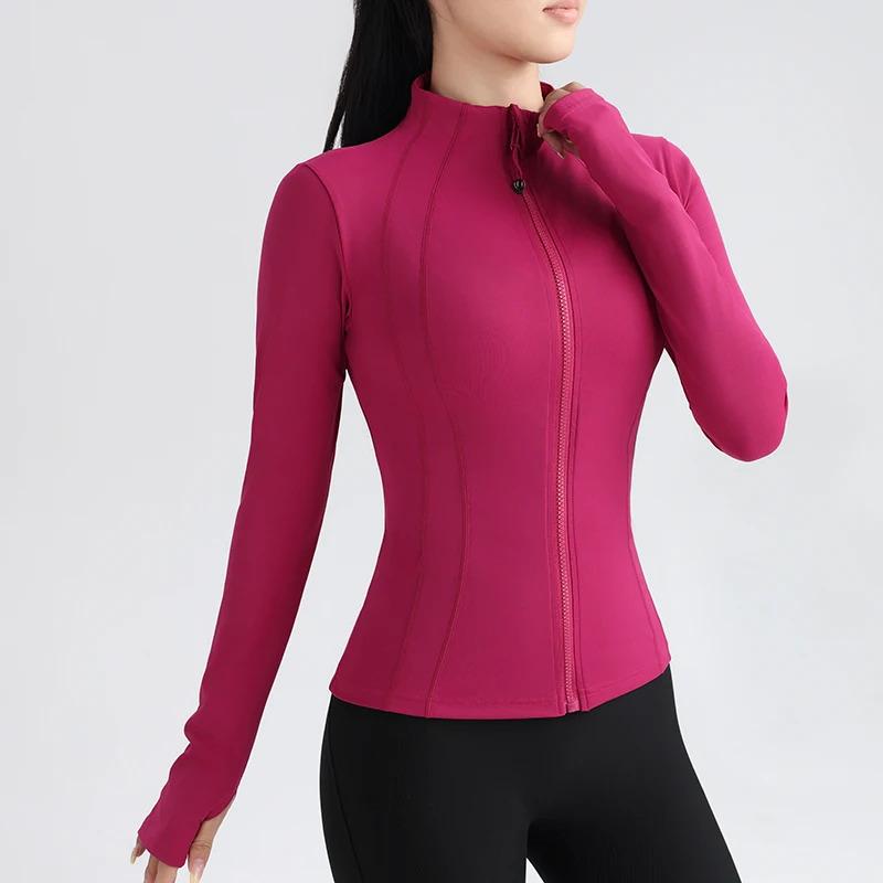 Gym Women's Full Zip Yoga Top With Thumbholes Fitness Running Jacket Stretch Fit Long Sleeve Round Neck Top Sportswear