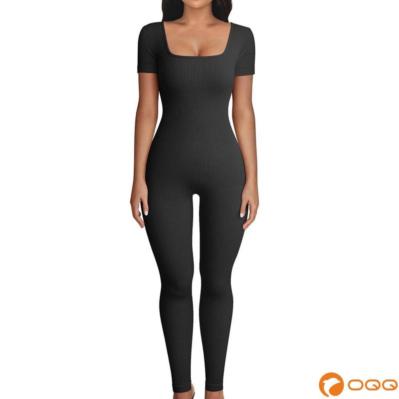 OQQ Women Yoga Jumpsuits Workout Ribbed Short Sleeve Square Neck Sport Jumpsuits