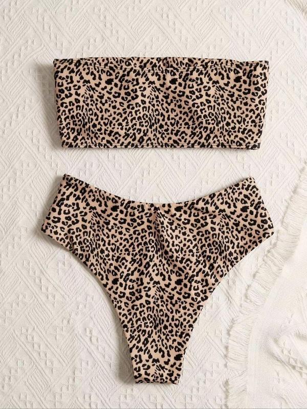 Women's Leopard Print Bikini Set, Bandeau Swim Top & High Cut Swim Bottom, Back To School Summer Swimsuit Sets, Bathing Suits 2024 for Women