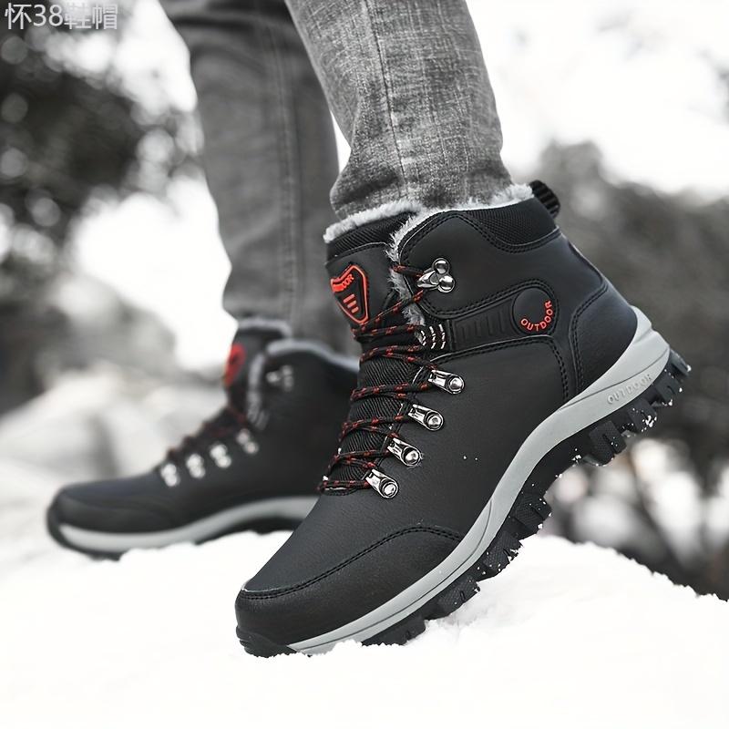 Men's Outdoor Snow Boots, Winter Thermal Shoes, Windproof Hiking Boots With Fuzzy Lining