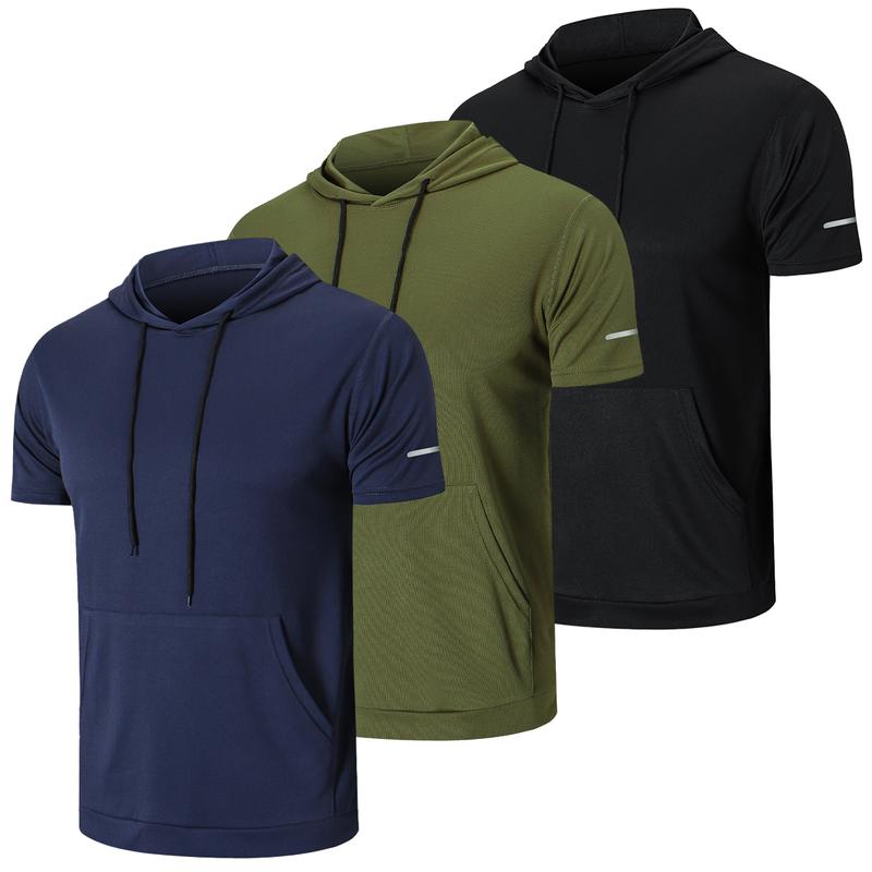 2024 Hot Selling Items，3 6 Pcs Men's Sports Hoodies, SolidColor Tops With Hats, quick drying Moisture Wicking Short Sleeve Mesh Athletic T-Shirts baggy compression shirt