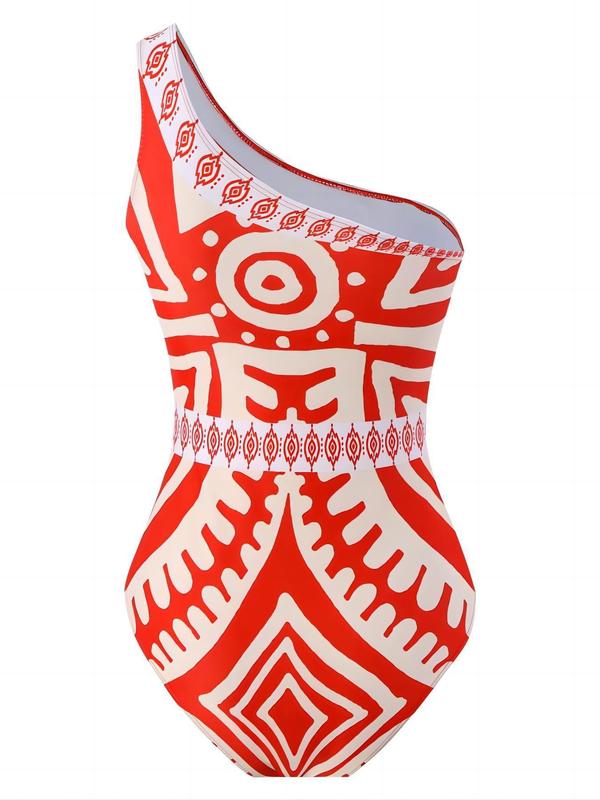 Women's Ethnic Pattern Summer Swimsuit Set, Boho One Shoulder One Piece Swimsuit & Elastic Waist Pants Swimwear Set, Summer Bathing Suits Women, Swimsuit for Women, Summer Clothes for Women