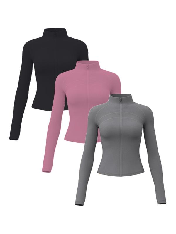 Women's Solid Zip Up Thumb Hole Sports Jacket, Sports Long Sleeve Stand Collar Outerwear for Yoga Gym Workout, Ladies Sportswear for Fall & Winter