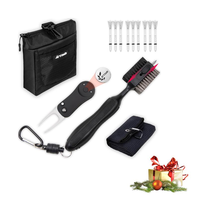 Golf Accessories Kit 13 in 1, includes a towel, divot tool, ball marker, golf tee, storage bag and cleaning brush. Golf gifts for him.