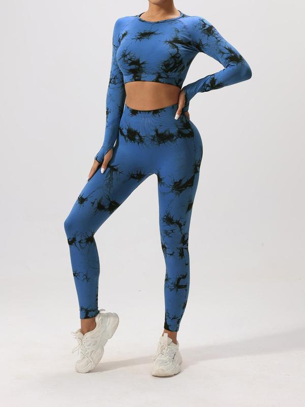 Women's Tie Dye Print Thumb Holes Crop Top & High Waist Leggings Tracksuit Set, Sweatsuits, Gym Clothes, Sporty Comfy Outfits for Yoga Gym Workout, Spring & Fall Tracksuit for Women, Women Sport & Outdoor Clothing