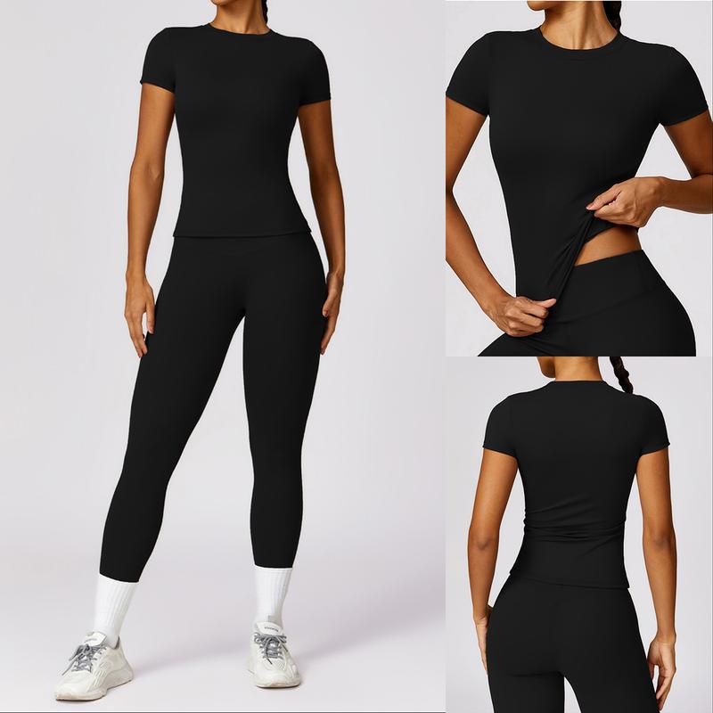 Women's Yoga Set Gym Exercise Clothing Fitness Slim Fit Short Sleeved Top Clothing Outdoor Running And Cycling High Waisted Leggings Set