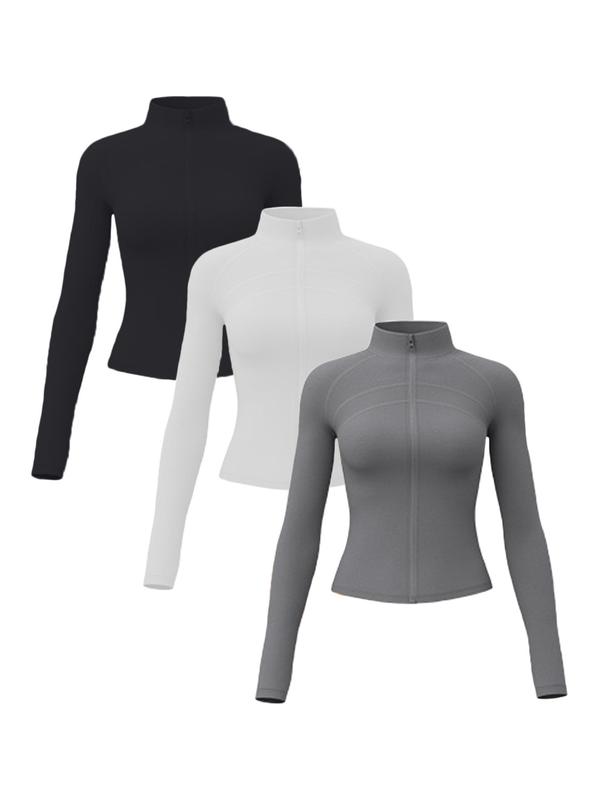 Women's Solid Zip Up Thumb Hole Sports Jacket, Sports Long Sleeve Stand Collar Outerwear for Yoga Gym Workout, Ladies Sportswear for Fall & Winter